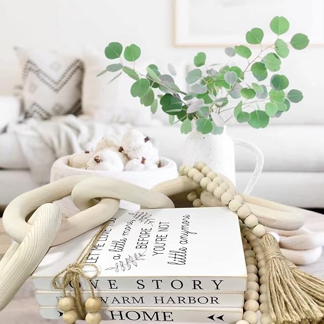 Shelf Decorative Books for Home Decor-Set of 3 Faux Books for Decoration-Coffee Table Stack Decorations for Living Room-Farmhouse Wood Bead Garland with Tassel & Wooden Chain Link Boho Decor Set