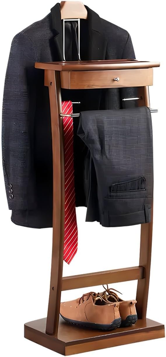 Wooden Suit Valet Stand for Men, Clothes Valet with Drawer, Shoe Rack, Tie Rack and Trouser Bar, Freestanding Clothes Organizer for Bedroom Entryway
