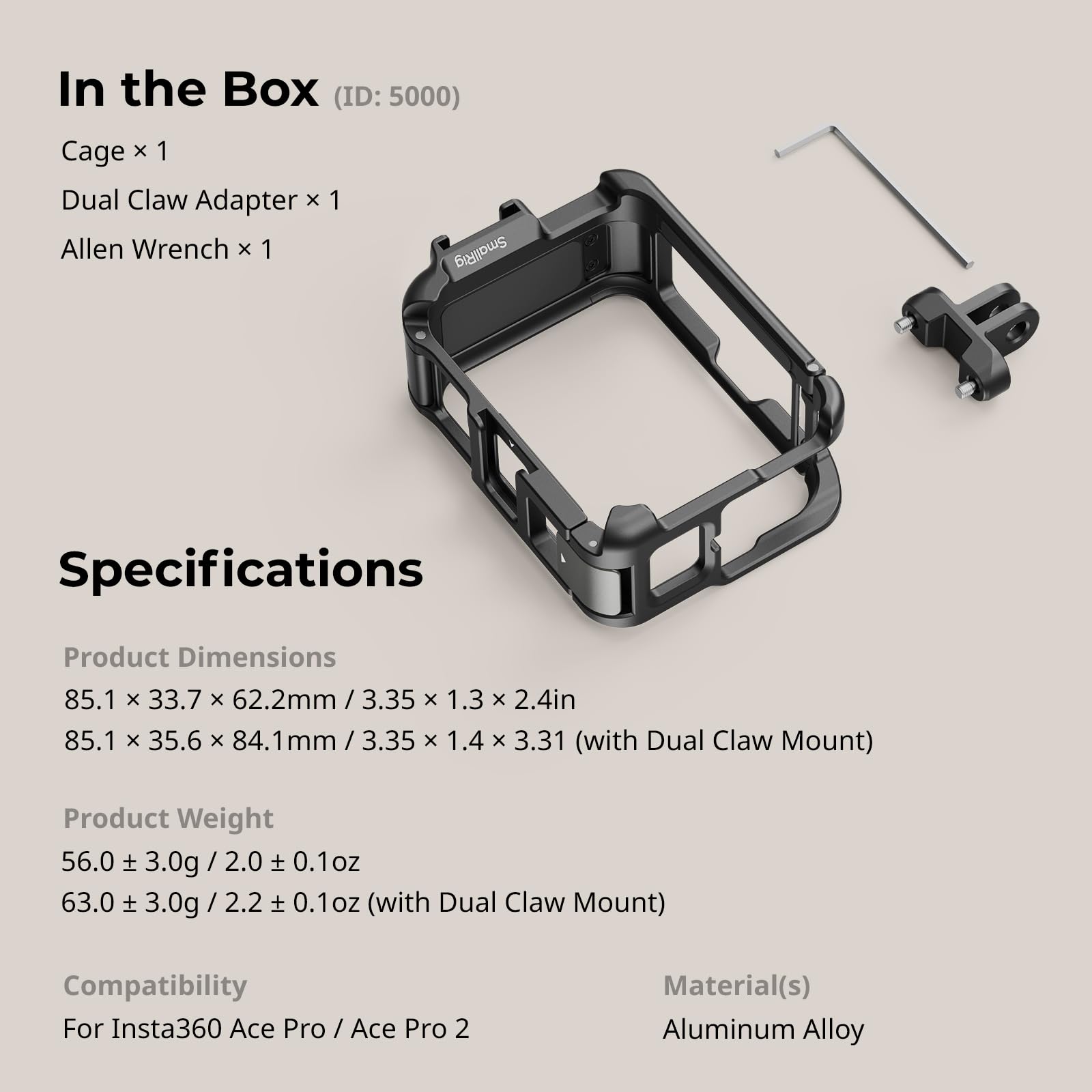 SmallRig Telaio per Insta360 Ace Pro 2/Ace Pro, supporta riprese orizzontali e verticali, artiglio di montaggio e slitta fredda per microfono con luce video
