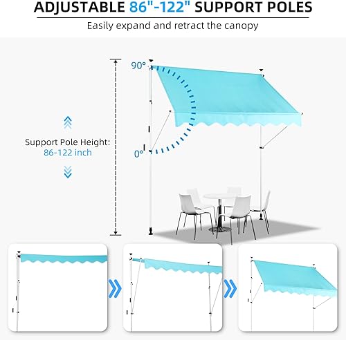 Miniatura 4 de Toldo retráctil manual, 138 pulgadas, sin tornillos, para exteriores, cubierta de pérgola ajustable con protección UV, toldo de exterior 100%