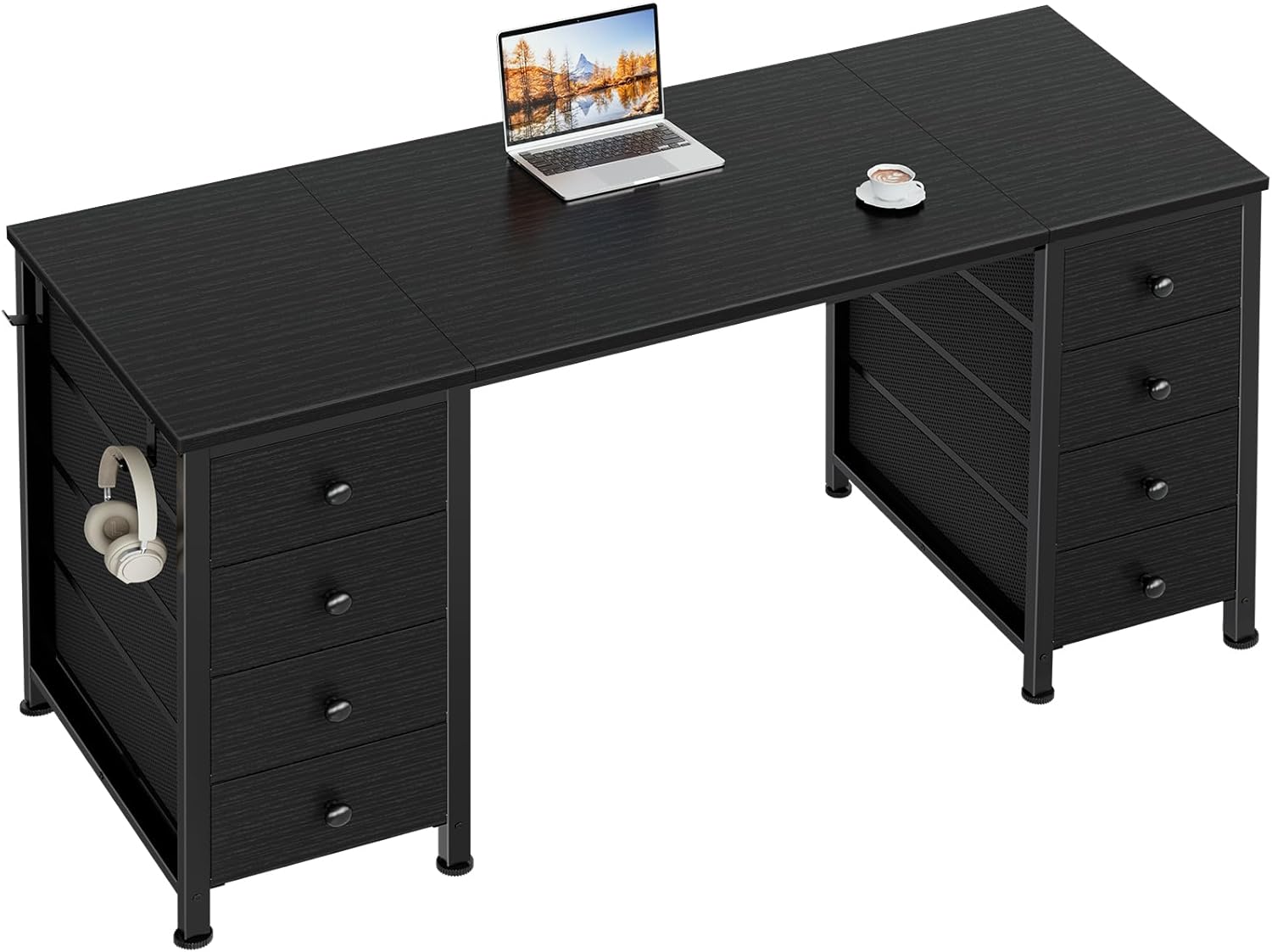 Black Gaming Desk with Fabric Drawers on Both Sides, 55 Inch Home Office Computer Study Writing Work PC Desk with 8 Storage Drawers Storage for Bedroom Black 55.1"