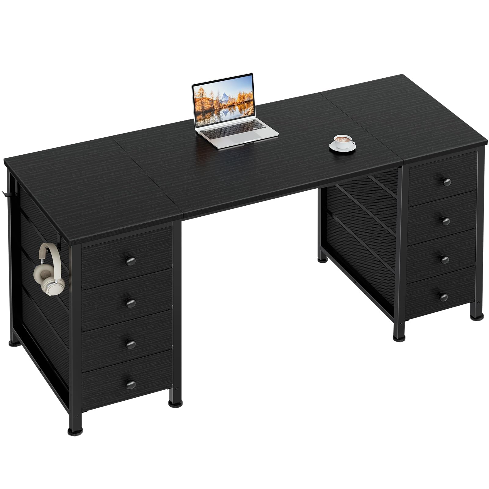 Black Gaming Desk with Fabric Drawers on Both Sides, 55 Inch Home Office Computer Study Writing Work PC Desk with 8 Storage Drawers Storage for Bedroom
