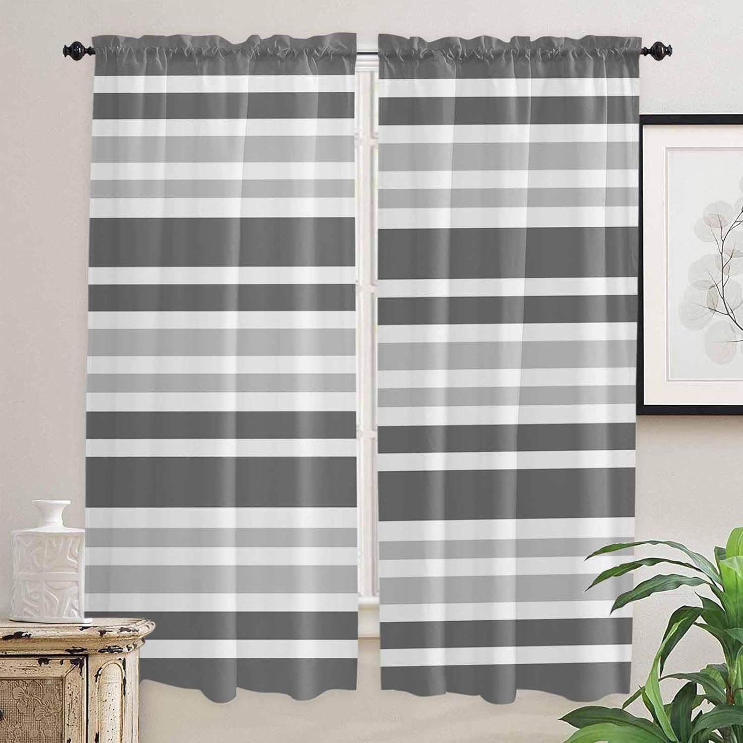 Teal Stripes Kitchen Curtains, Modern Minimalist Horizontal Ombre Lines Light Filtering Window Curtain Panels, 2Pcs Rod Pocket Window Treatments Set for RV Dining Room Study Room 42x45 Inches