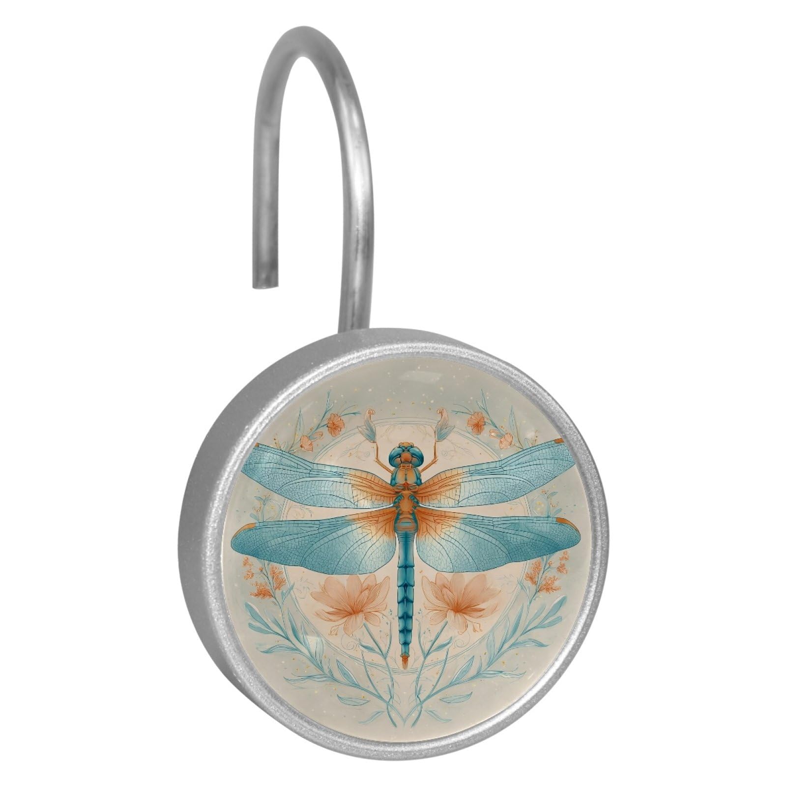 Set of 12 Stainless Steel Shower Curtain Hooks, Shower Rings for Bathroom, Rustproof Decorative Shower Hangers for Bedroom Living Room Shower Curtain Rod (Watercolor Dragonfly Blue)
