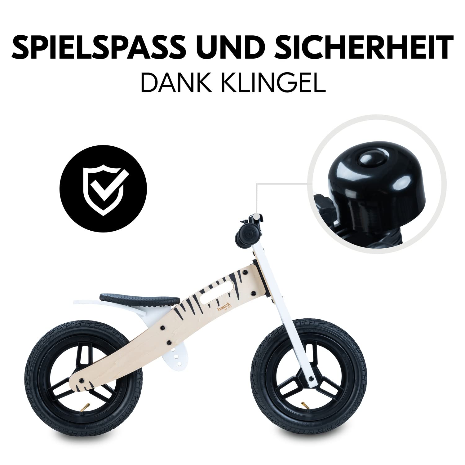hauck Kinder Laufrad Balance N Ride ab 2 Jahre bis 20 kg, Holz Laufrad, Sattel Höhenverstellbar, Rutschrad mit 12 Zoll Lufträder, Klingel, Tragegriff, ohne Pedal (Zebra)