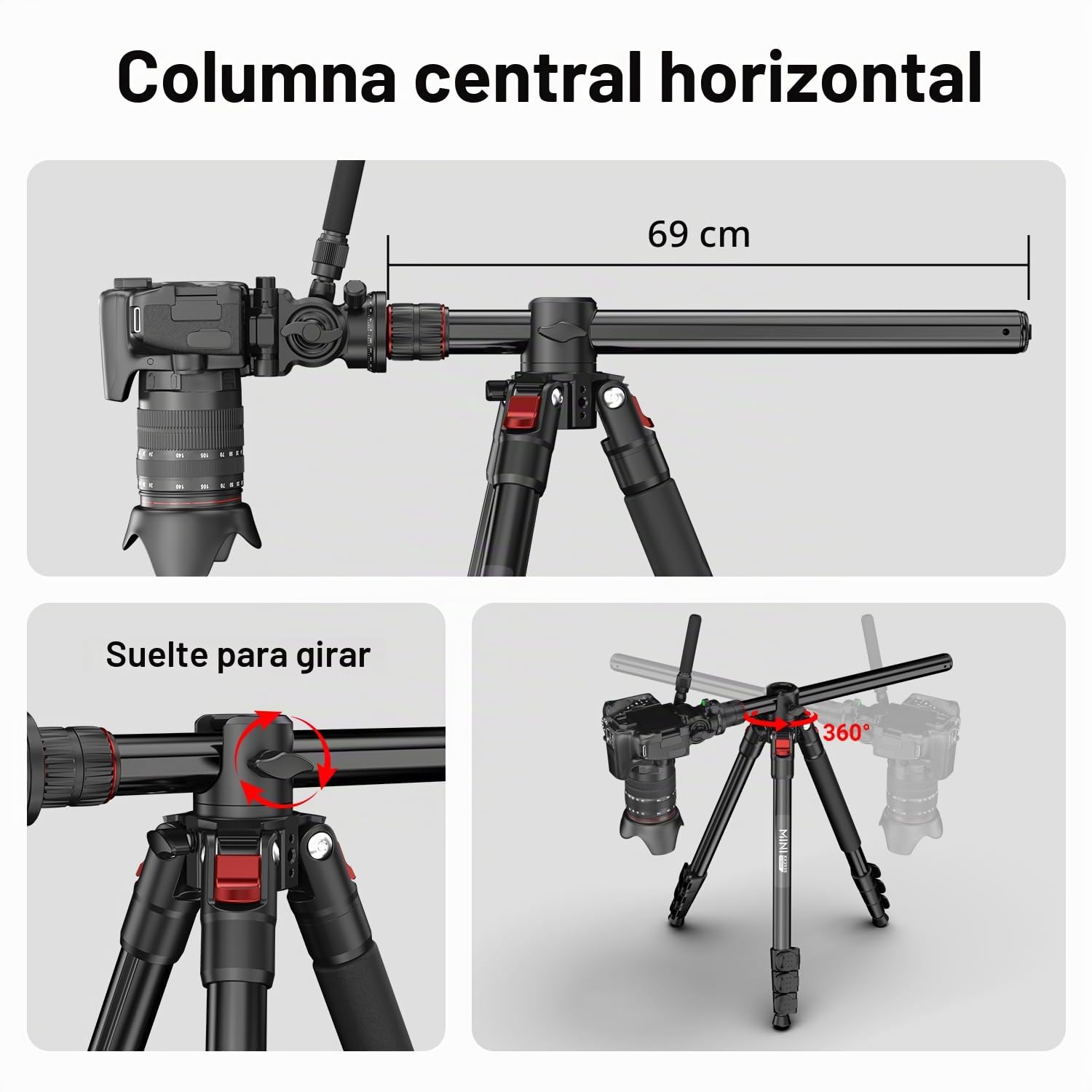 COMAN Trípode para Cámara Horizontal 181cm con Cabezal Hidráulico, Placa de Liberación Rápida y Monópode Desmontable, Adecuado para Cámaras SLR, Videocámaras Portátiles y Visores (KX3939MINI-V1)