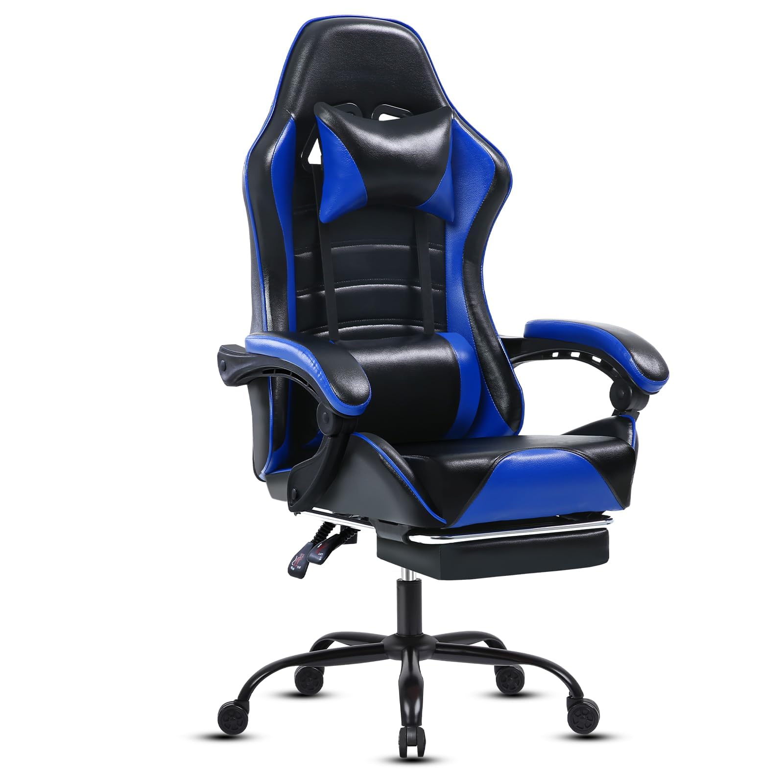 Sillas Gaming con Reposapies, Silla Gamer Adulto con Respaldo Lumbar, Silla Escritorio Gaming Ajustable en Altura, Silla Ordenador en Piel Sintética (Cojín Lateral, Azul)