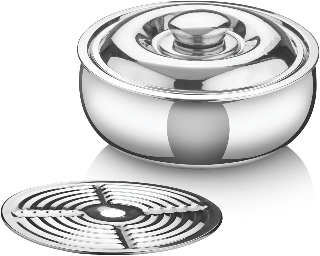 Signoraware Casserole Serving Bowl Container with Coaster, Insulated Stainless Steel with Insulated Steel Lid| Belly Shape Hot Pot, Food Grade, Bpa Free Serverware (1000ml, Set 1 Silver)