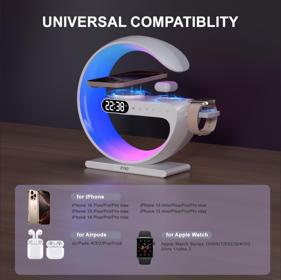 RYND 2026 Magnetic 5 in 1 Speaker Alarm Clock with Wireless Charger, Bedside Lamp with Adjustable Night Light, Gift for Family/Friends(White) - Image 2