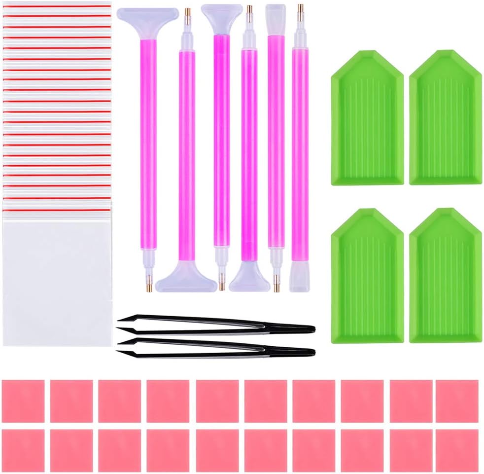 HERAID ZJKOO 52PCS DIY Diamond Painting Tools Kit,Diamond Embroidery Set,Cross Stitch DIY Embroidery Set with Quick Point Pen/Tray/Glue/Tweezers/Bags