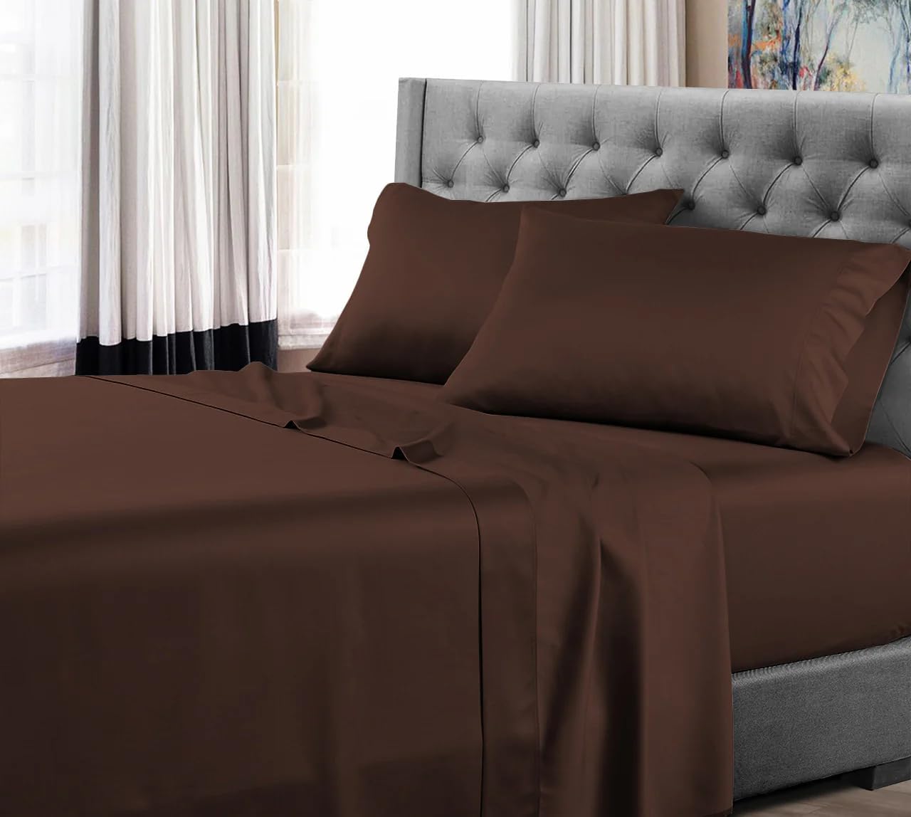 True Luxury 1000-Thread-Count 100% Egyptian Cotton Bed Sheets, 4-Pc Queen Dark Brown Sheet Set, Single Ply Long-Staple Yarns, Sateen Weave, Fits Mattress Upto 18'' Deep Pocket - Image 3