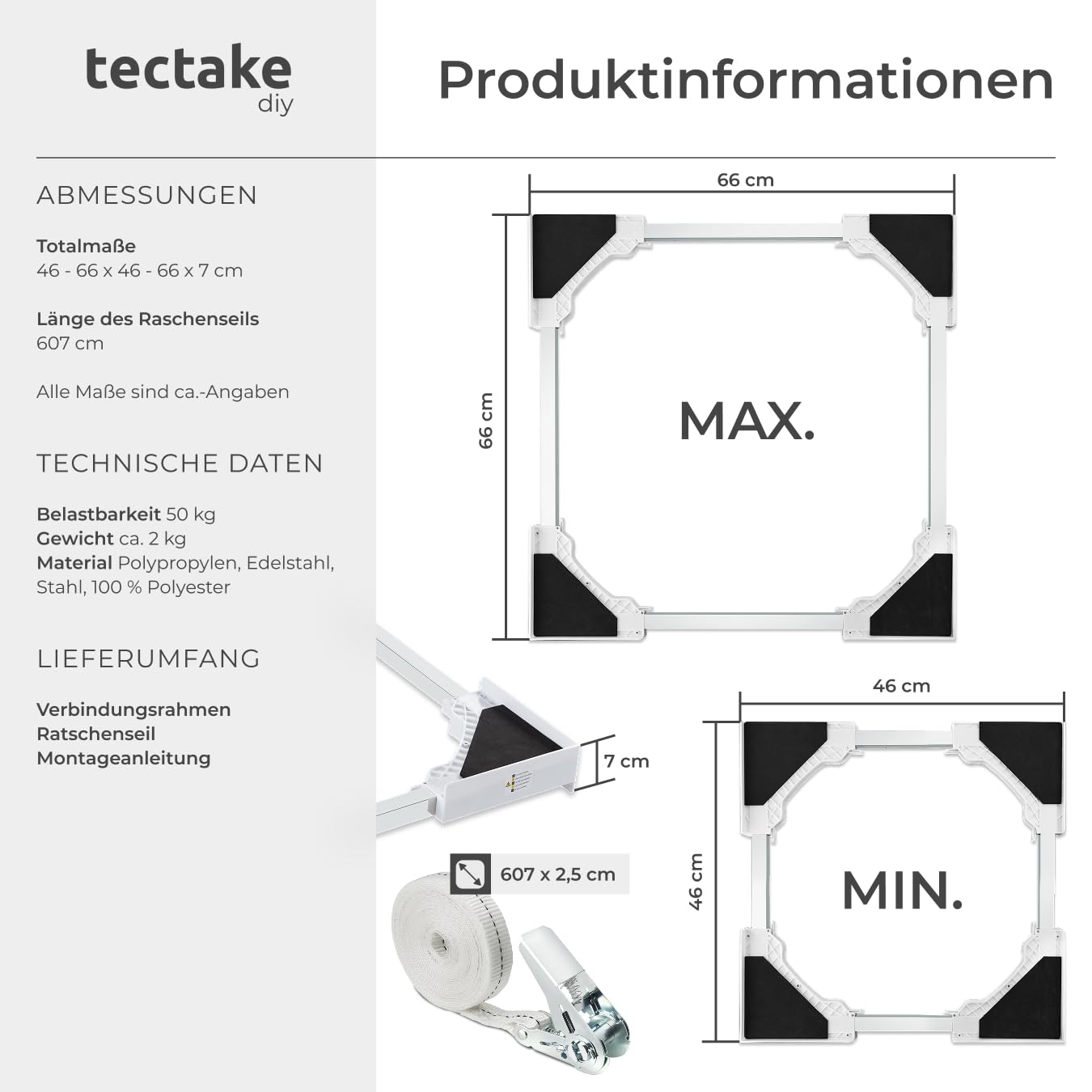 tectake® Verbindungsrahmen für Waschturm aus Waschmaschine und Trockner, 46–66 cm, Universal-Stapelbausatz mit Ratschenseil, Waschmaschine Trockner Verbindung, Zwischenbaurahmen Trockner Waschmaschine