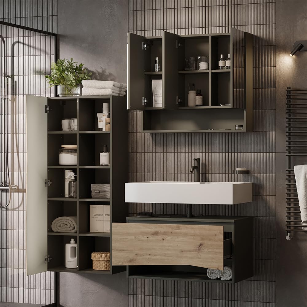 Vicco Meuble Salle de Bain Willow, Chêne Artisan/Anthracite, 56x130cm avec 5 Compartiments Ouverts, adapté au Montage Mural et à différentes Tailles de Salle de Bain