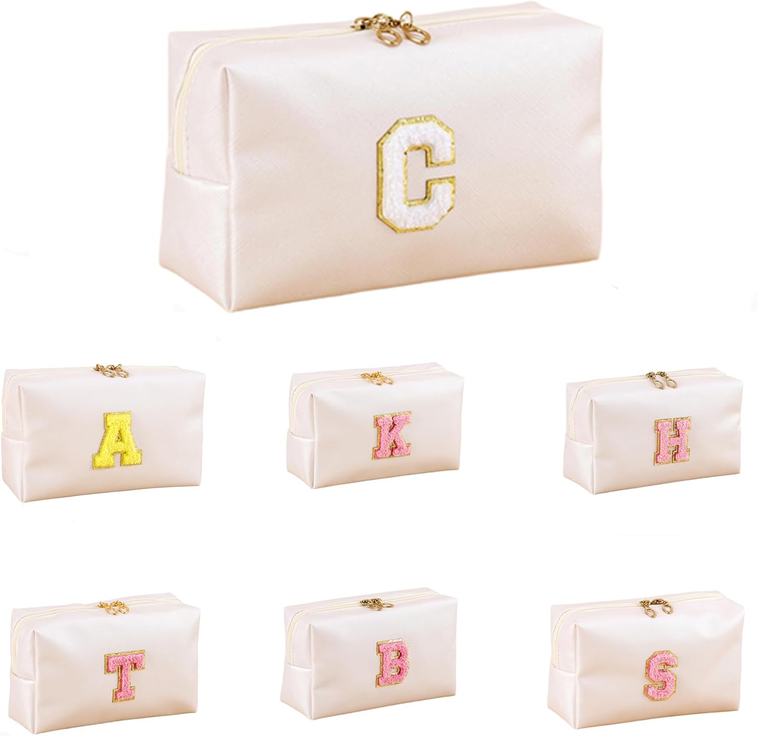 Personalized Makeup Bag with Initial-Preppy Chenille Letter Bag for Women & Teens, Small Girls Monogram Waterproof Cosmetic Organizer Pouch, Travel Essentials Gift for Her(Letter C)