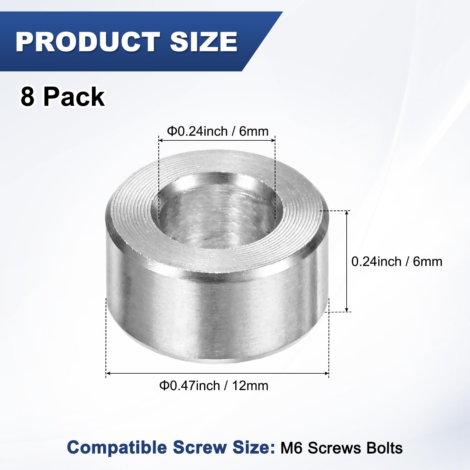 M METERXITY 8PCS M6 304 Stainless Steel Spacers 6mm ID x 12mm OD x 6mm l Metal Screw Standoff Bushing Plain Finish Round Spacer 304 Stainless Steel for Screws Bolts Silver - Image 3