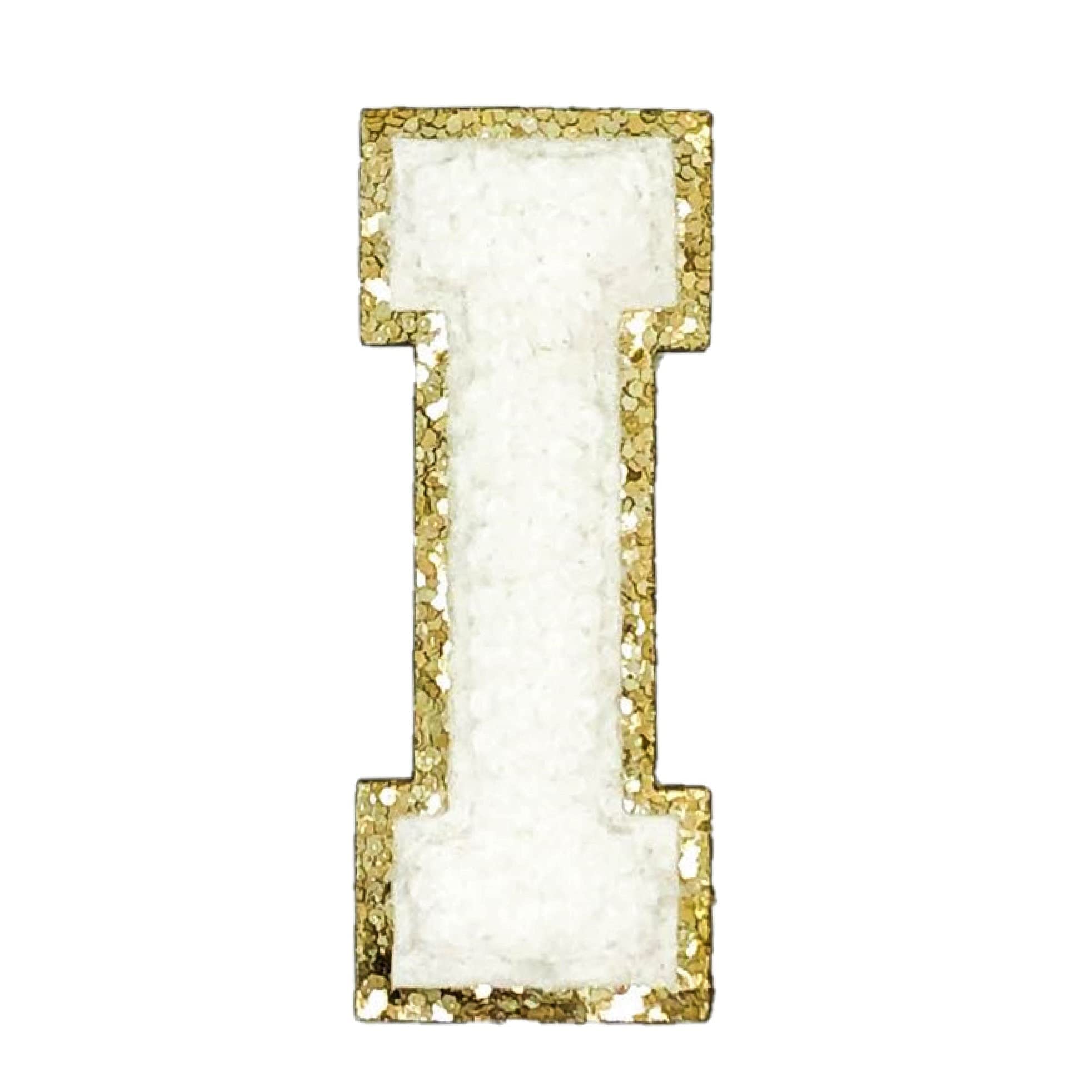 ZOOXWhite Varsity Glitter Letter Chenille Initial Patch Adhesive Sticker 2.25in Height (I)
