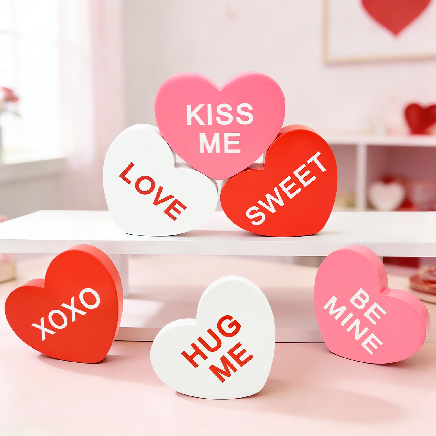 Cœur décoratif en bois Leetous lot de 6 pièces rouge blanc rose pour Saint-Valentin