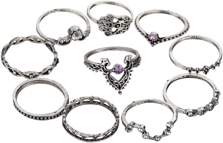 ANGELANGELA Vintage Simple10Pc Set Crown Stacking Rings, Antique Silver Joint Above Knuckle Nail Midi Band Statement Stackable Cuff Toe Finger Ring Set, Women Girl Gift