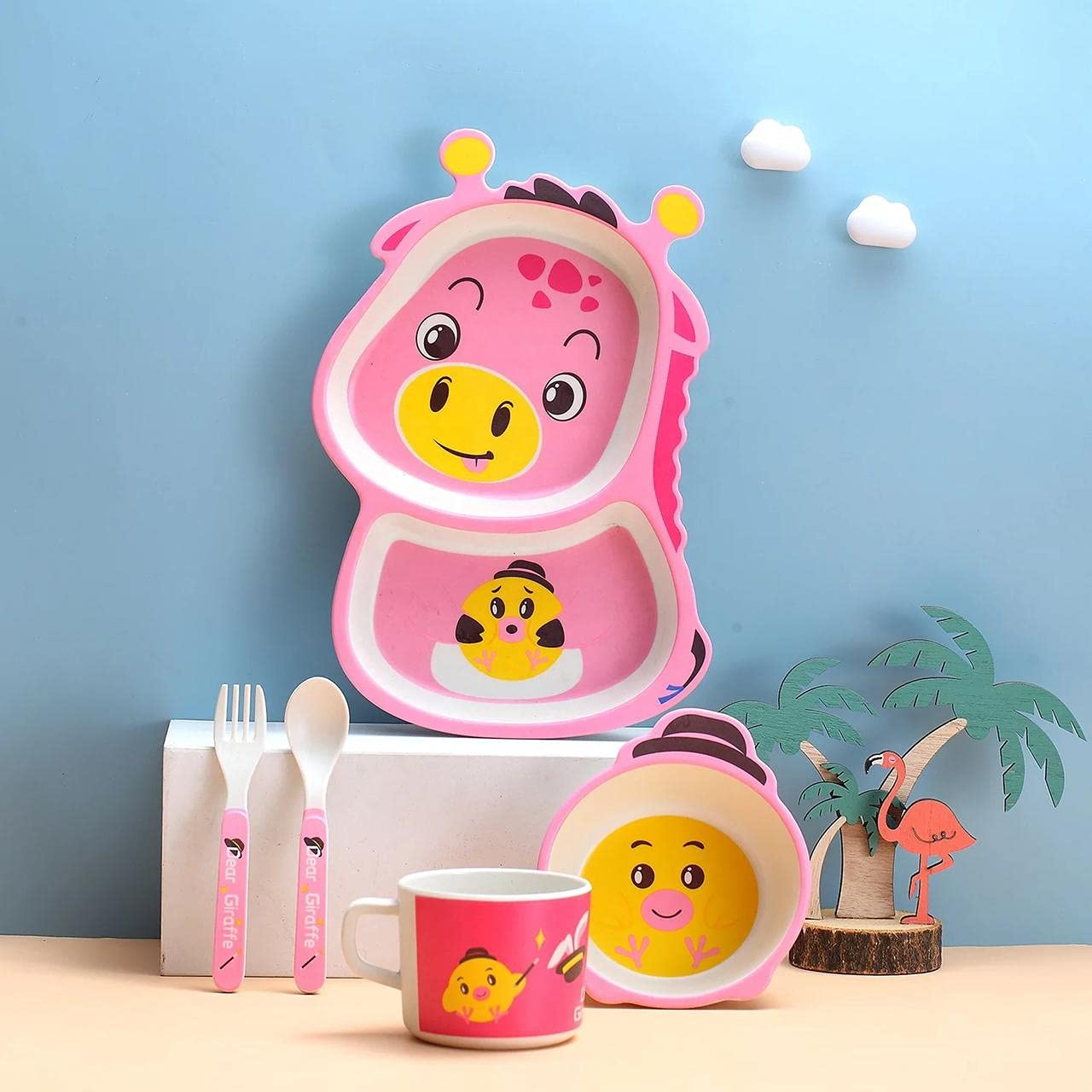 Dinnerware Plate Set for Kids - Cartoon Design Crockery Set - Bamboo Fiber Eco Friendly (Dear Giraffe - 5 Pc Set)-image-19