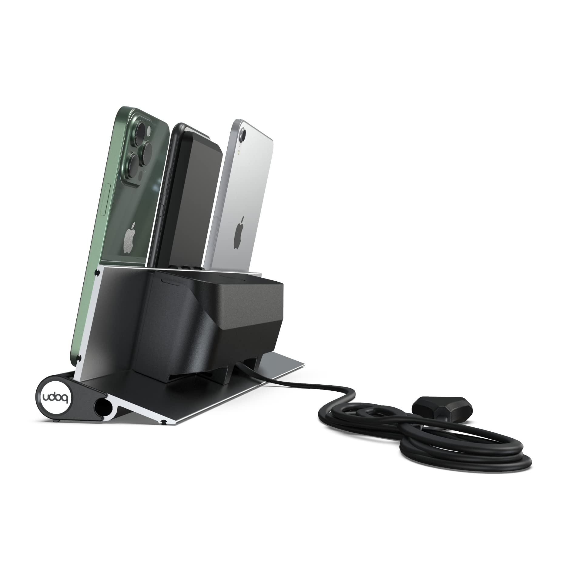 Universal Ladestation für Smartphones Tablets und AirPods, udoq 400, Aluminium, mit Power Delivery Fast Charging und Wireless Adapter (Silber)