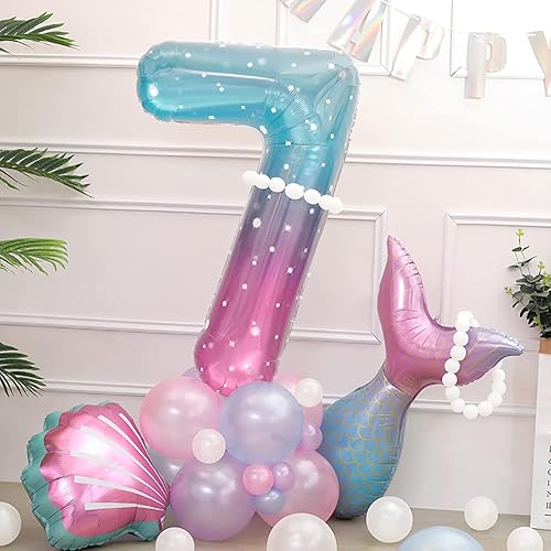Beaumode Ramo de globos de sirena grande de 40 pulgadas para cumpleaños del 0 al 9, decoración de fiesta de niñas bajo el mar (Número 7)
