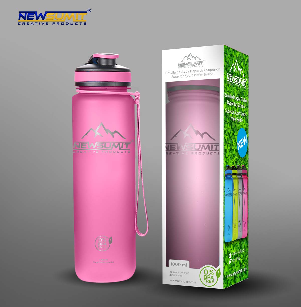 NEWSUMIT Borraccia Sportiva Tritan 1000ml (Rosa) - BPA Free, 1 Click, Antigoccia Con Filtro E Miscelatore, Ideale Per Palestra, Corsa E Ufficio