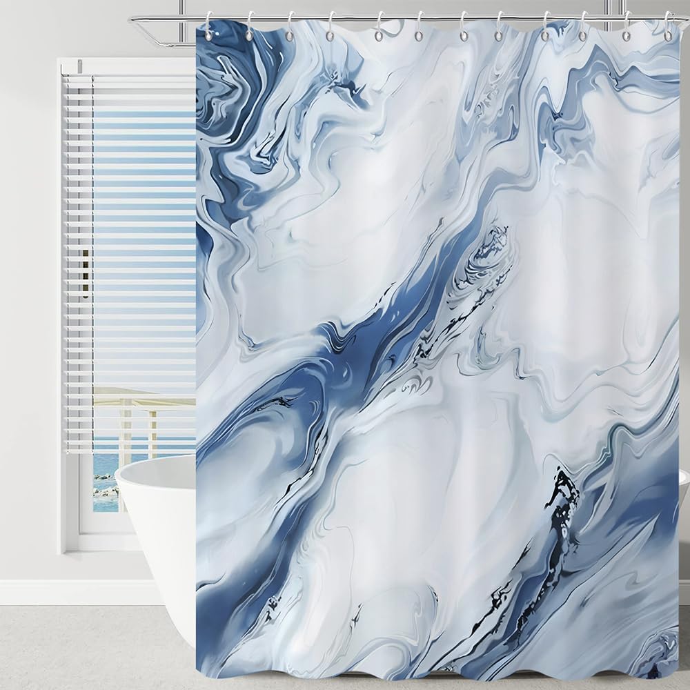 Blue Marble Shower Curtain, Modern Abstract Blue and Grey Ombre Marble Art Bathroom Curtain Waterproof Fabric Machine Washable with Hooks, 72" Wx84 L