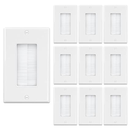 Brush Wall Plate (10 Pack), Cable Pass Through Insert for Wires, Single Gang Cable Access Strap, Wall Socket for HDTV, Home Theater Systems