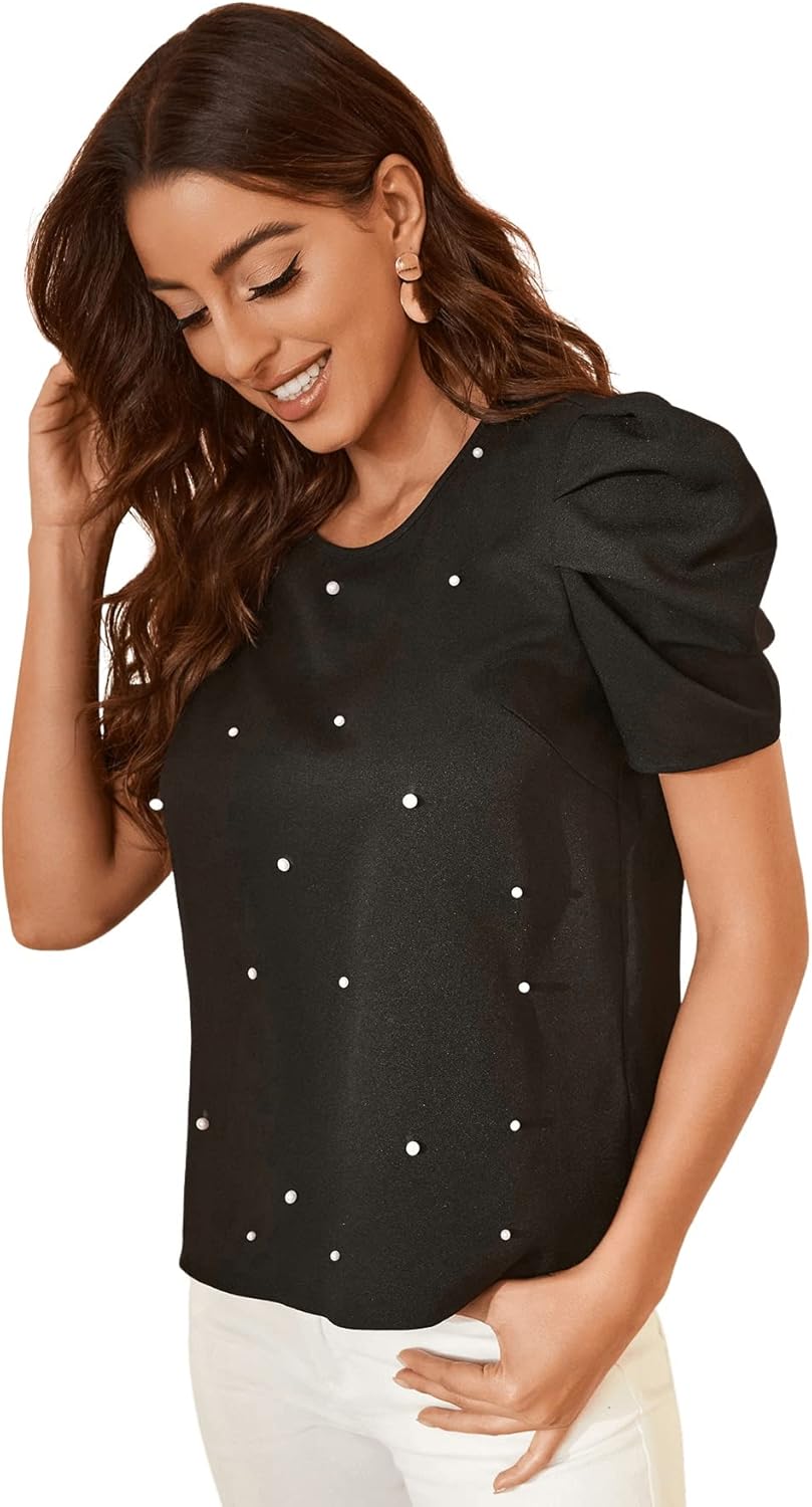 Verdusa Women's Elegant Puff Sleeve Pearls Beaded Round Neck Blouse Top - Image 3