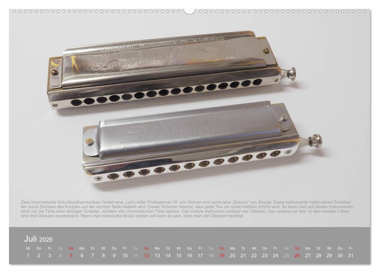 Mundharmonikas im Blickpunkt (Wandkalender 2026 DIN A2 quer), CALVENDO Monatskalender: Verschiedene Mundharmonikaarten in Bild und Text (CALVENDO Hobbys)
