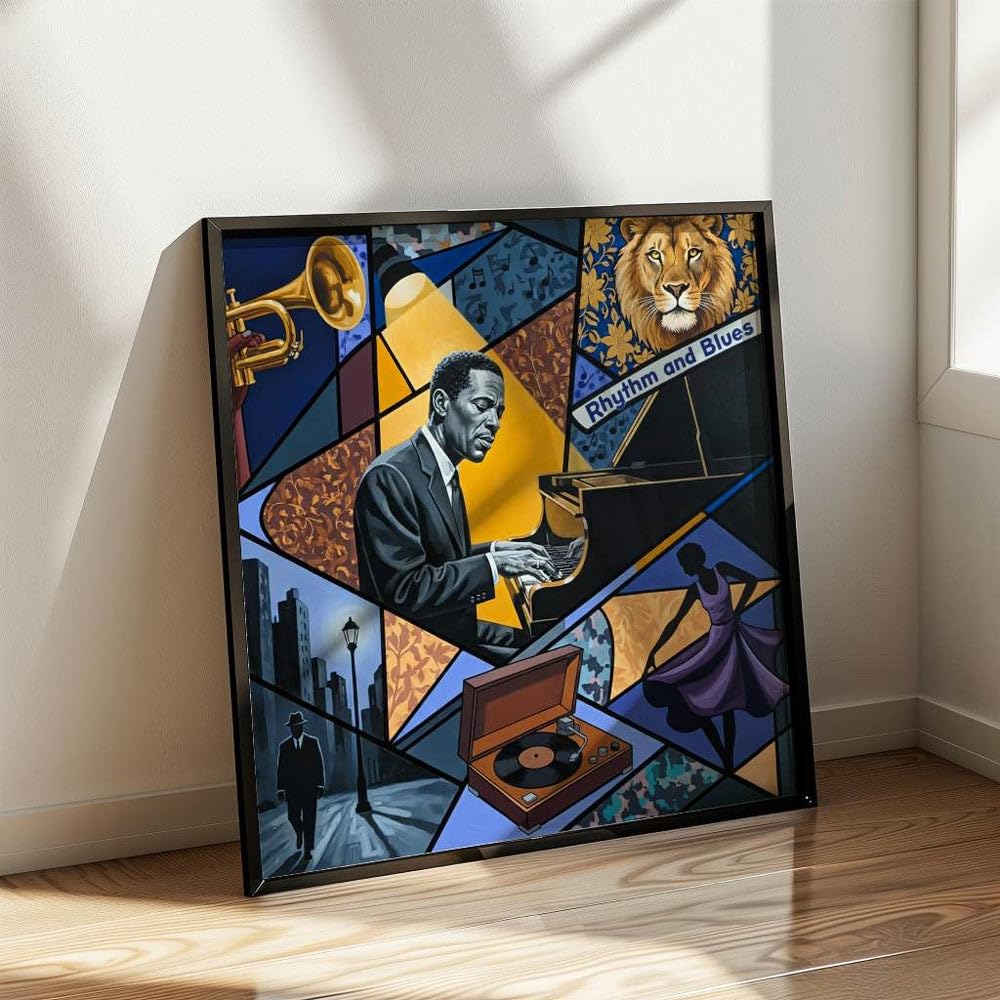 Rhythm and Blues Poster Bild Leinwand, Jazz Piano Wandbild, Zeitgenössische Kunst, Musikzimmer Musik Deko Geschenk, Bar oder Lounge Kunstdruck, Vintage Vinyl Kunst