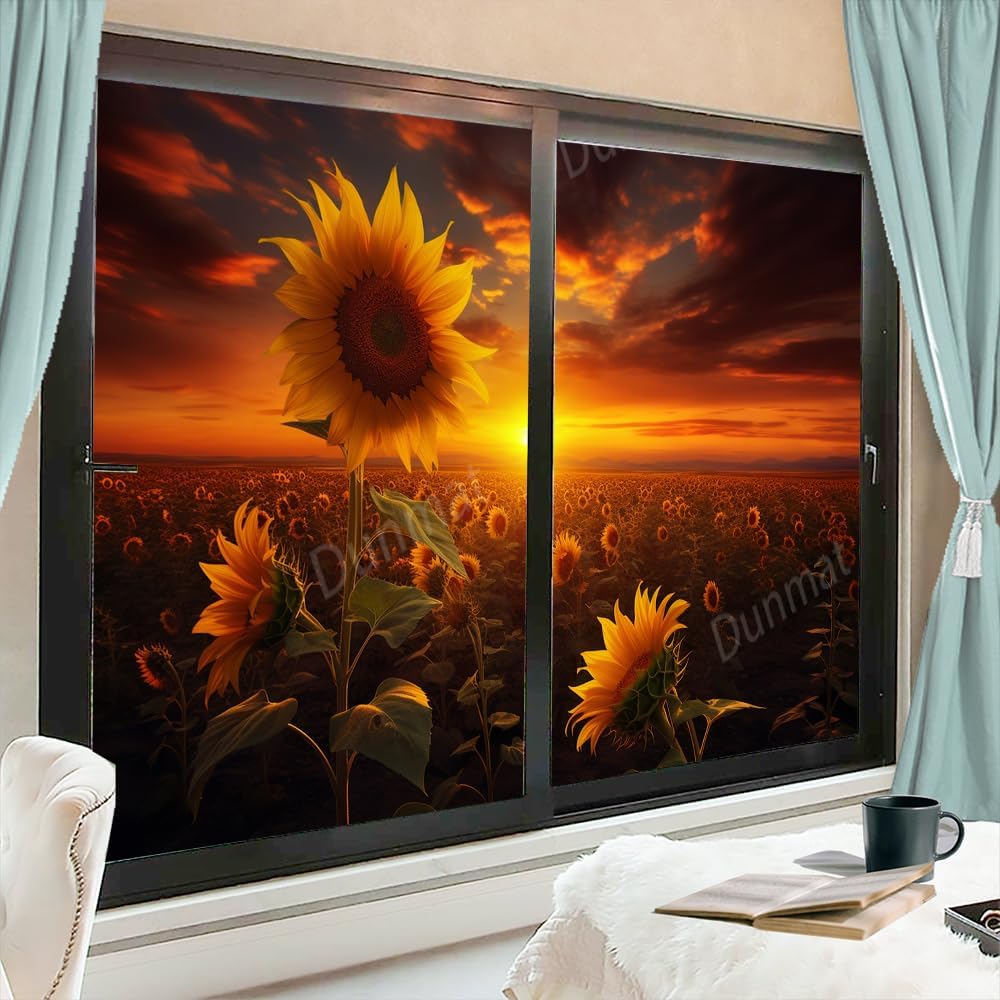 Beautiful Sunflowers Window Privacy Film Country Sunnet Field Yellow Flowers Stained Glass Window Coverings Self-Adhesive Glass Sticker Frosted Window Film for Home Office 17.7Wx23.6L-inch x2 Pcs