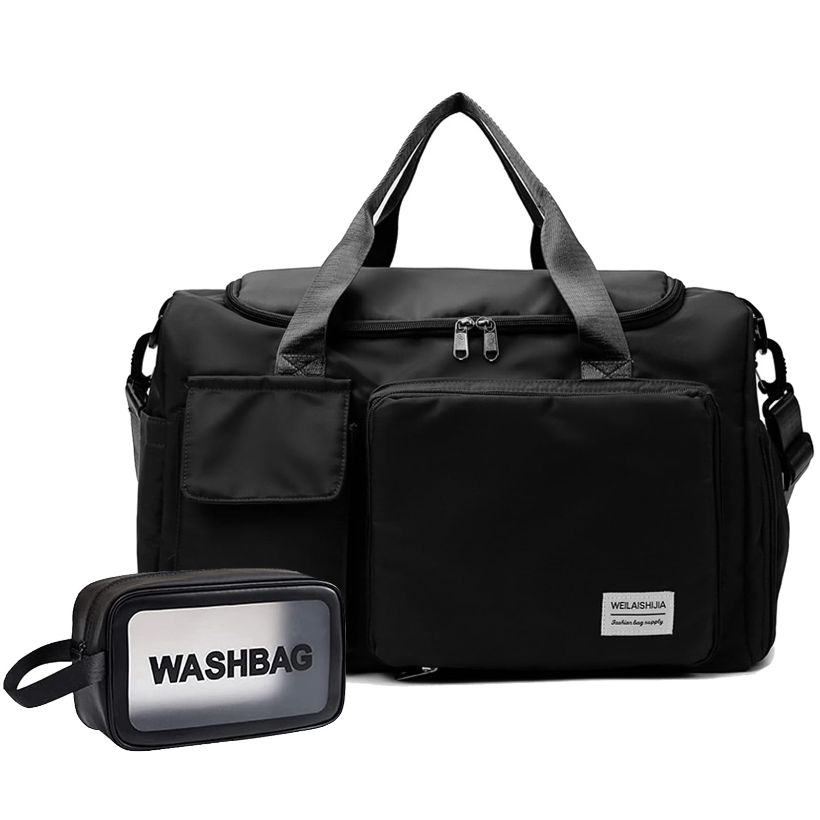 Borsa da viaggio pieghevole di grande capacità, borsa sportiva con tasca bagnata e scomparto per scarpe, borsa da viaggio pieghevole, borsa da viaggio per donna e uomo, nero + astuccio da toilette
