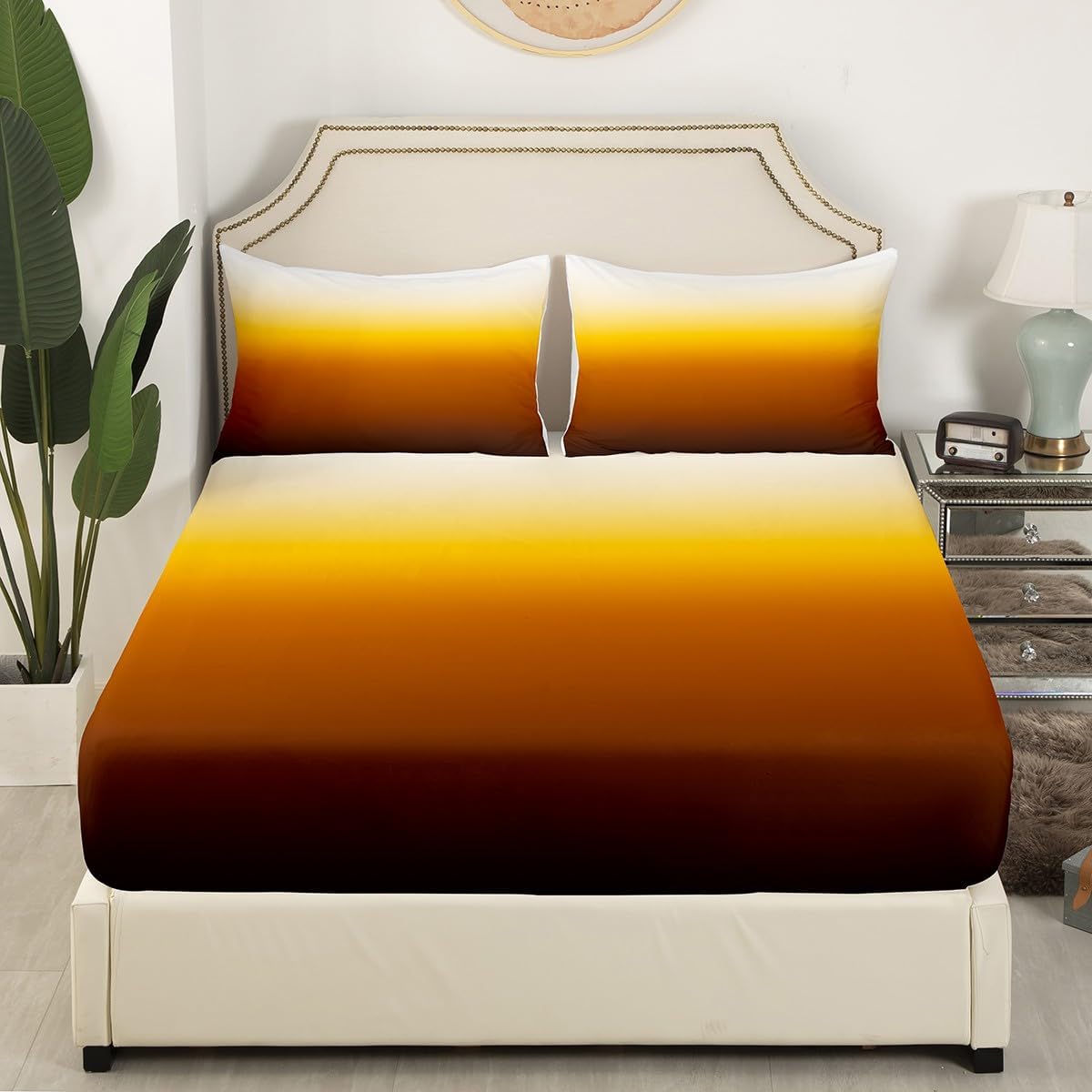 Yellow Orange Ombre Bedding Set Full Brown Gradient Fitted Sheet Modern Abstract Art Bed Sheets Bedroom Decor Gift, Farmhouse Theme Sheets for Kids Boys Girls Women Men, 1 Fitted Sheet 2 Pillowcases