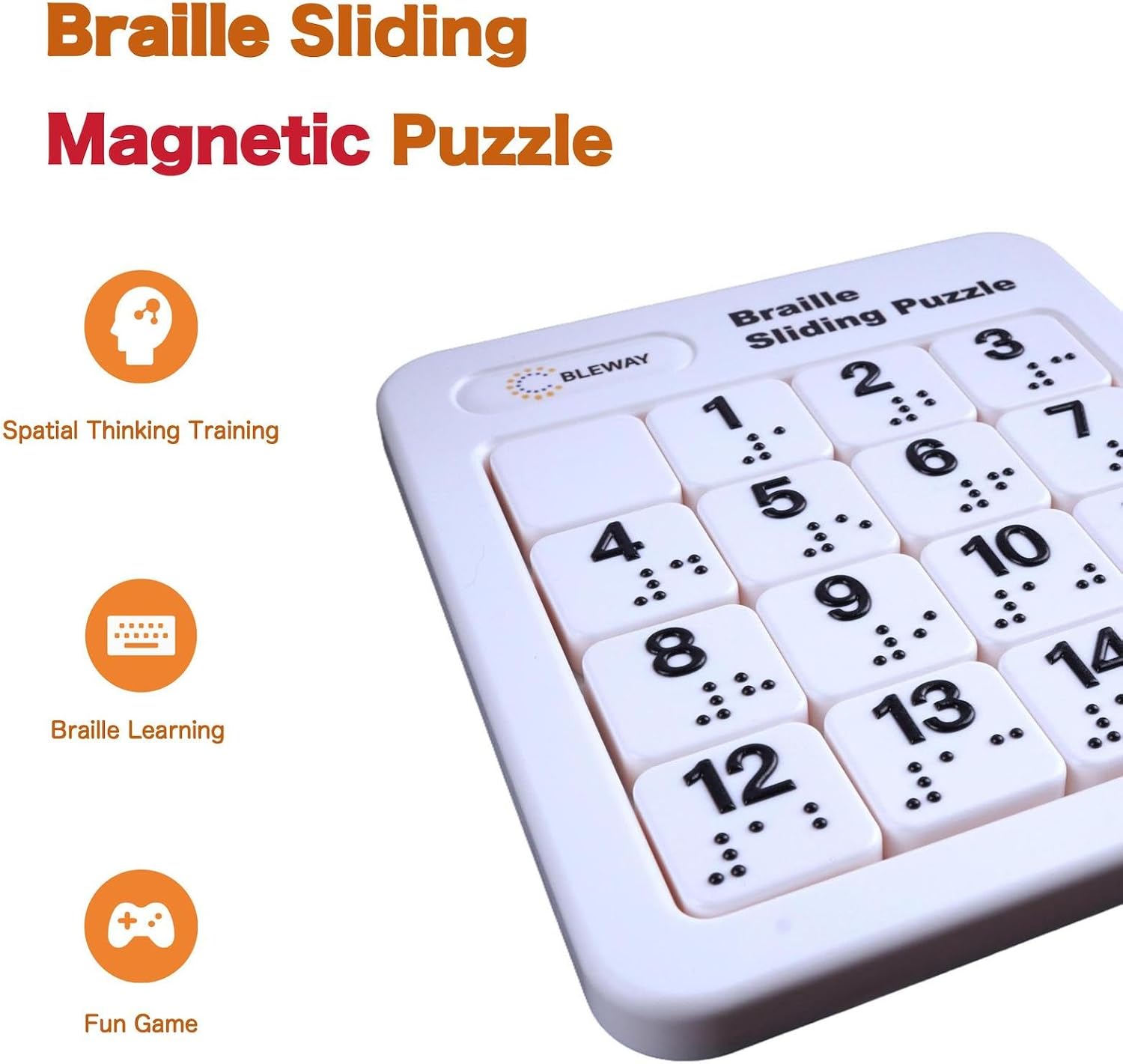 Braille Sliding Magnetic Puzzle, Classic Number Brain Teaser for the Blind and Sighted, Arrange Numbers in Order, Accessible Game for Blind (Number)