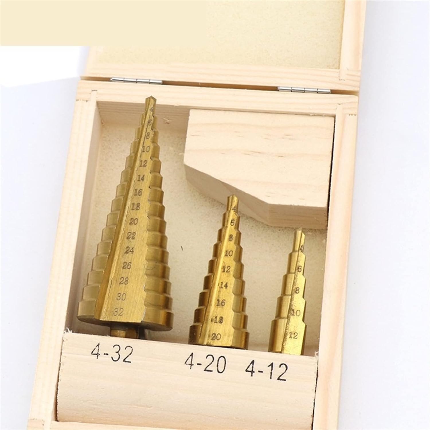 3PCS Large Step Cone Steel Spiral Grooved Step Drill Bit Set Hole Cutter Cut Tool 4-12/20/32mm Wood Box