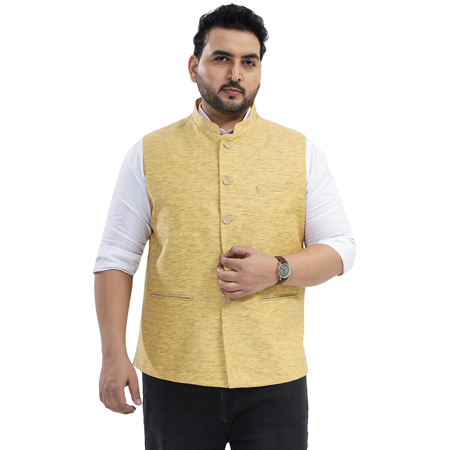 john pride Plus Size Men Regular Fit Self Design Cotton Blend Yellow Nehru Jacket (JPNJ7531_Yellow)-picture-33