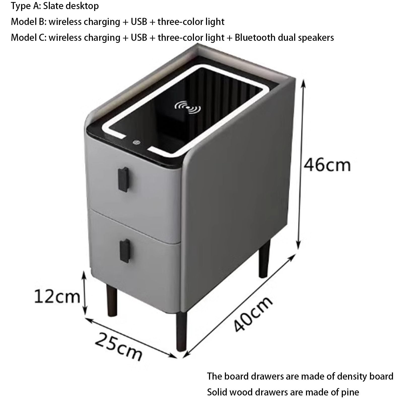 Veilleuse LED moderne avec Bluetooth et chargement en bois - Design multifonction - 2 Ders - 25 cm de large - Simple - Gris - Fourrure pour chambre à coucher - Décoration élégante