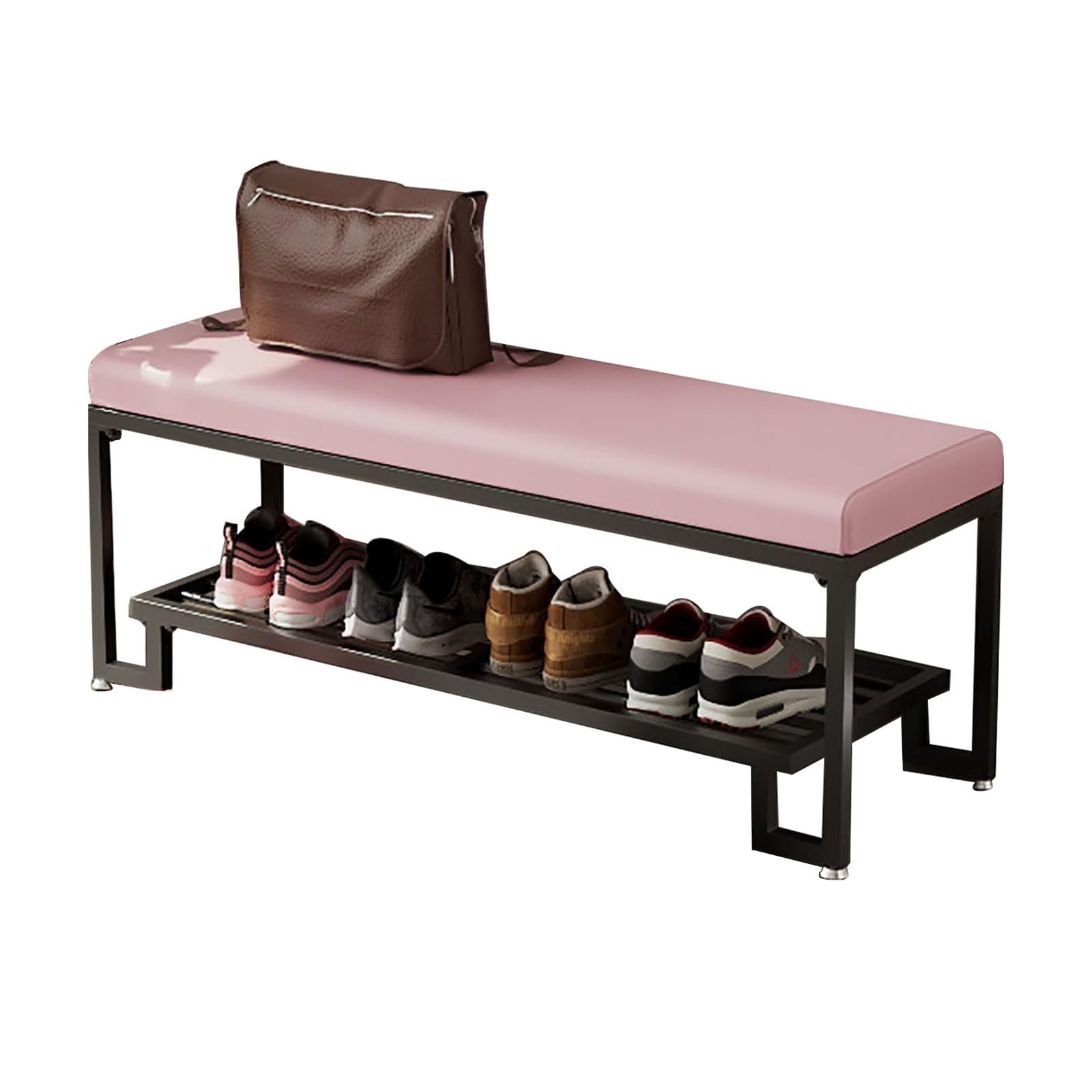 Meuble à chaussures banc d'entrée rembourré rose 100 cm avec support de rangement métal