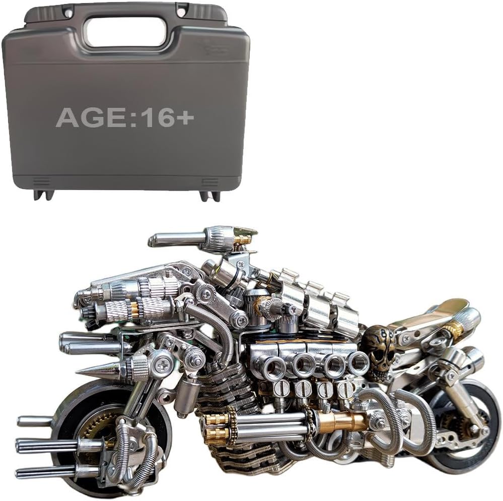 Desperate Pursuit Motorcycle 3D Metal Puzzle Kit, 600+ PCS DIY Stainless Steel Motorcycle Model Assembly Set, Steampunk Mechanical Desk Display Collectible Ornament