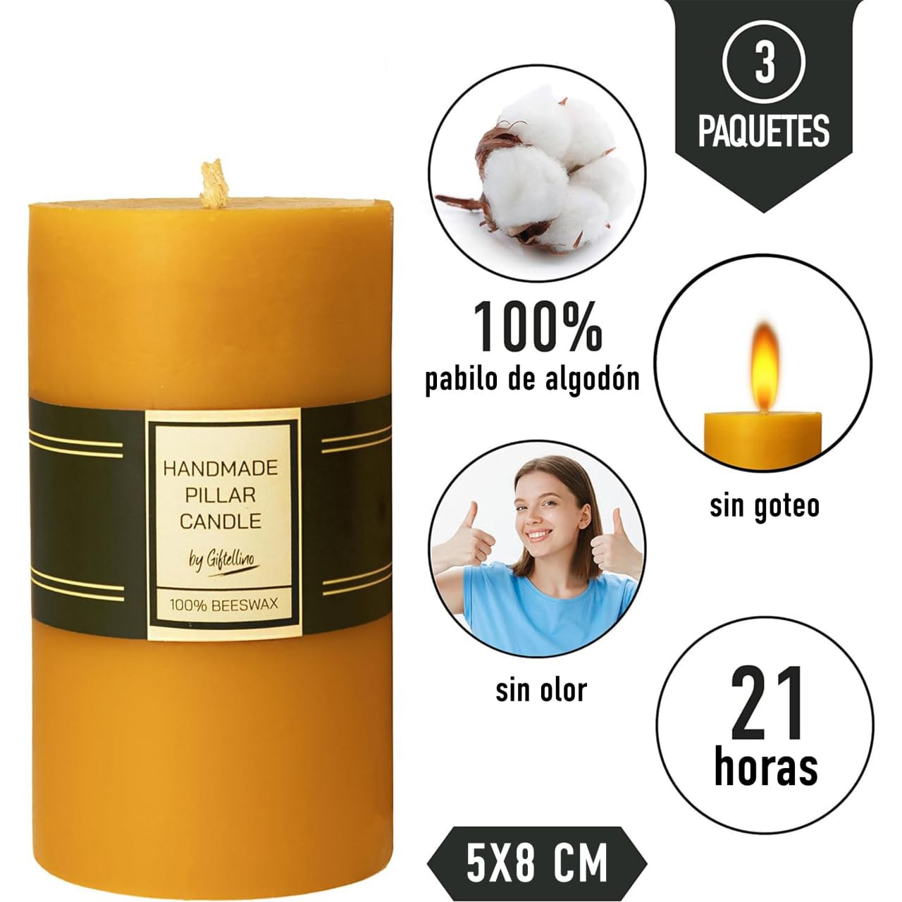 Set de 3 Velas de Pilar de 100% Pura Cera de Abeja - Duración de 21 Horas Sin Humo Con Mecha de Algodón - Regalo para Amantes Sin Aroma