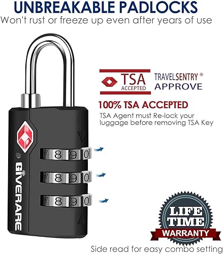 Miniatura 5 de Paquete de 2 cerraduras de equipaje de viaje aprobadas por la TSA, cerradura de combinación de maleta, candados con cremallera de 3 dígitos sin