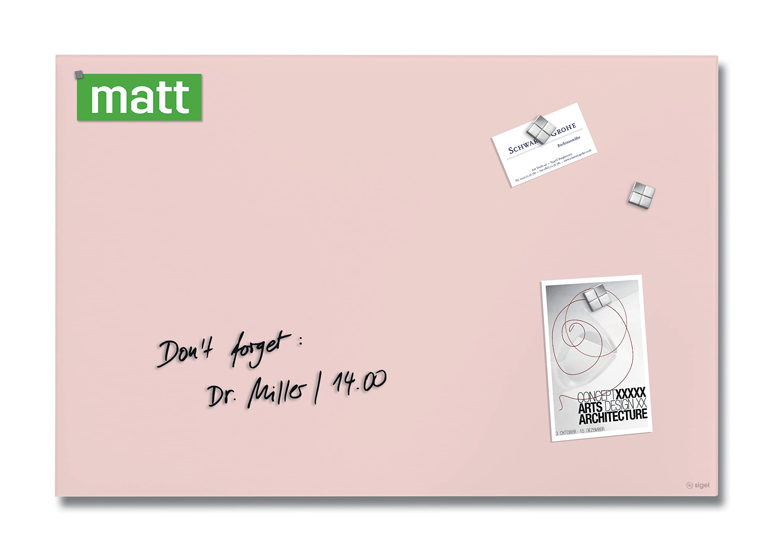 SIGEL GL514 Premium Glass magnetic Board, glossy surface, 60 x 40 cm, easy mounting, rose - Artverum