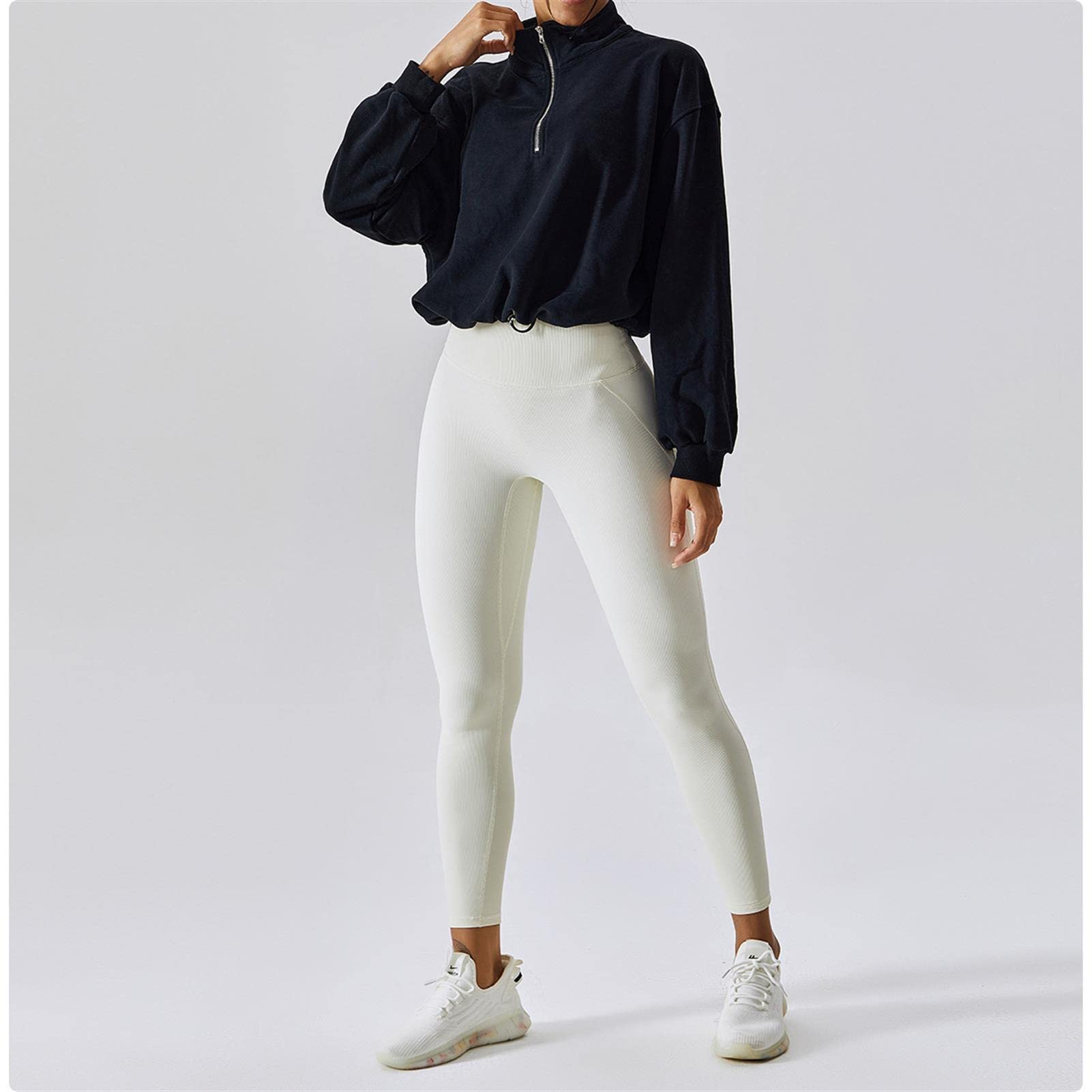 Damski sweter z zamkiem 1/4 z długim rękawem i wysokim dekoltem sweter sportowy przycięta bluza nastolatki jesienne ubrania do biegania na świeżym powietrzu