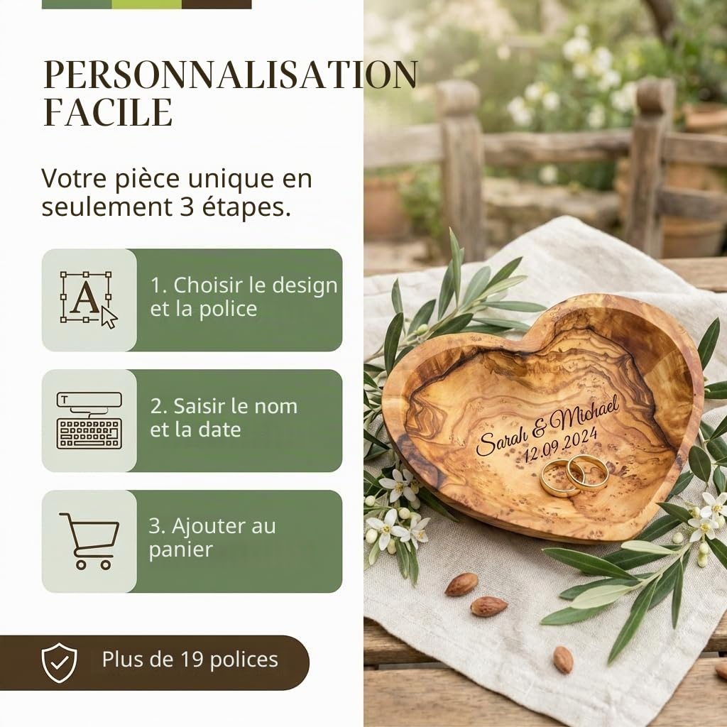 Coussin pour alliances de mariage en bois d'olivier personnalisé - Bol en bois en forme de cœur fait à la main