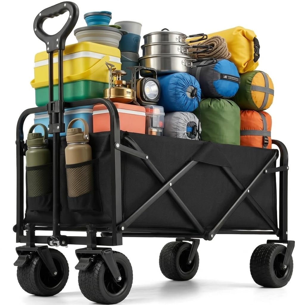 XXL Bollerwagen Faltbar 200L, 160kg Tragkraft, All-Terrain-Handwagen mit Bremsen, extra breite Räder, klappbarer Transportwagen für Strand, Garten  Camping, inkl. Getränkehalter  verstellbarem Griff
