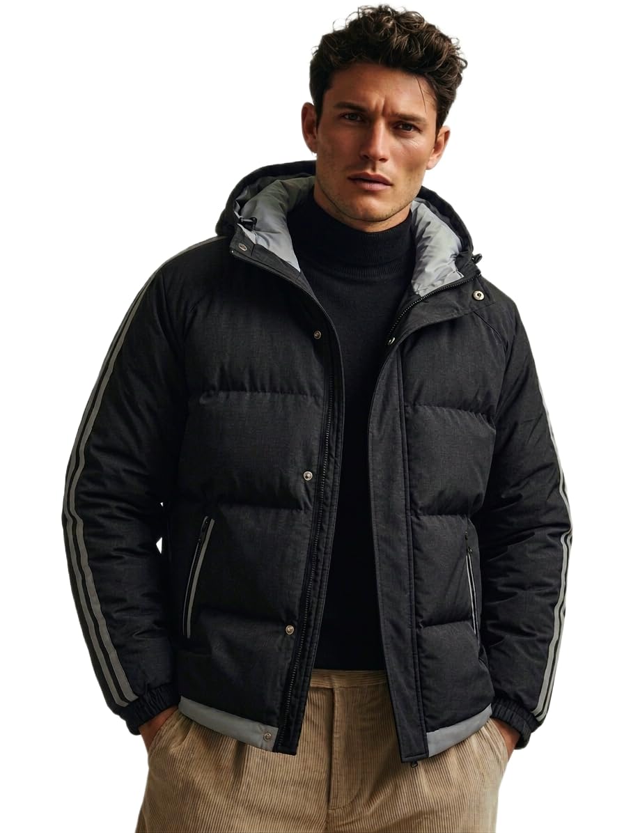 blaq ash Men's Hooded Puffer Jacket, Black with Grey Stripe Detail, Quilted Winter Coat-picture-47