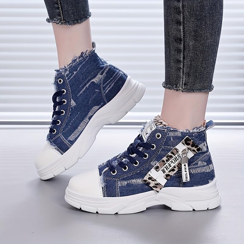 Women's High-Top Denim Sneakers with Side Zipper - Comfortable Thick Sole Casual Shoes, Versatile Fashion Athletic Footwear, Soft Insole, Hand-Washable, All-Season Wear, High Top Sneakers3