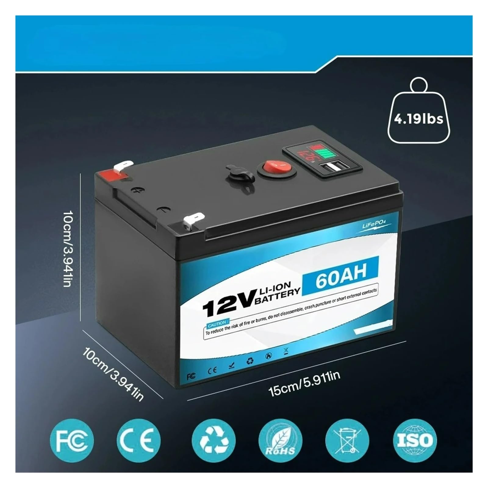 Batteria A Ciclo Profondo Batteria 12V 60Ah Litio LiFePO4 | Batteria ricaricabile da oltre 4000 cicli for energia solare/eolica, piccoli UPS, illuminazione, ecc(LiFePO4 60000mAh Set)