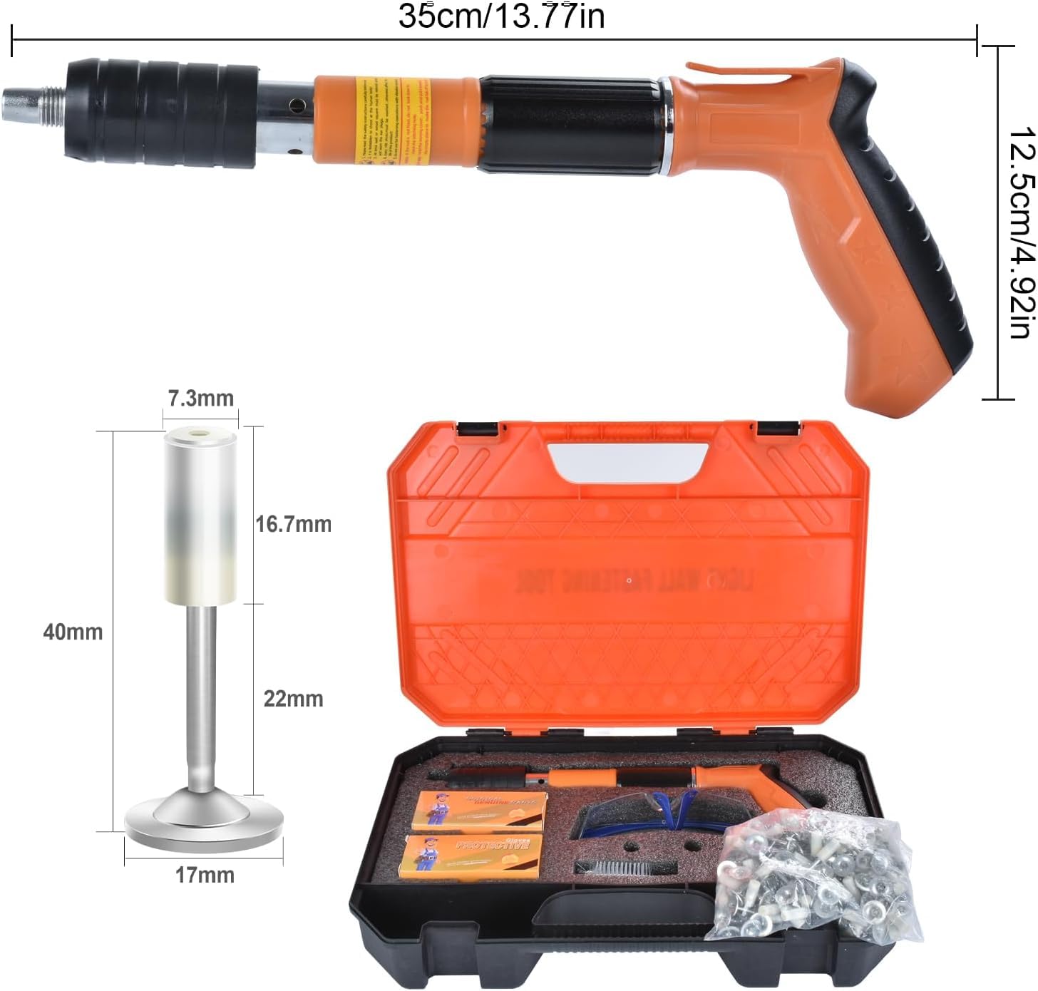 Cloueur Beton, Cloueuse Rivet Gun, Pistolet à Clous Manuel avec 5 Niveaux de Réglable, Pistolet à Ongles Portable avec 220 Clous Ronds, Kit pour Ongles en Béton, pour Murs en Béton, Plafonds (Orange)
